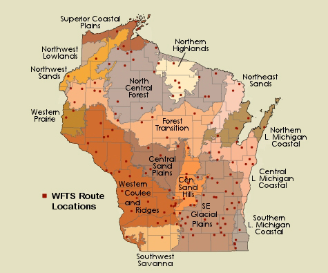 map of Wisconsin ecological landscapes and survey sites